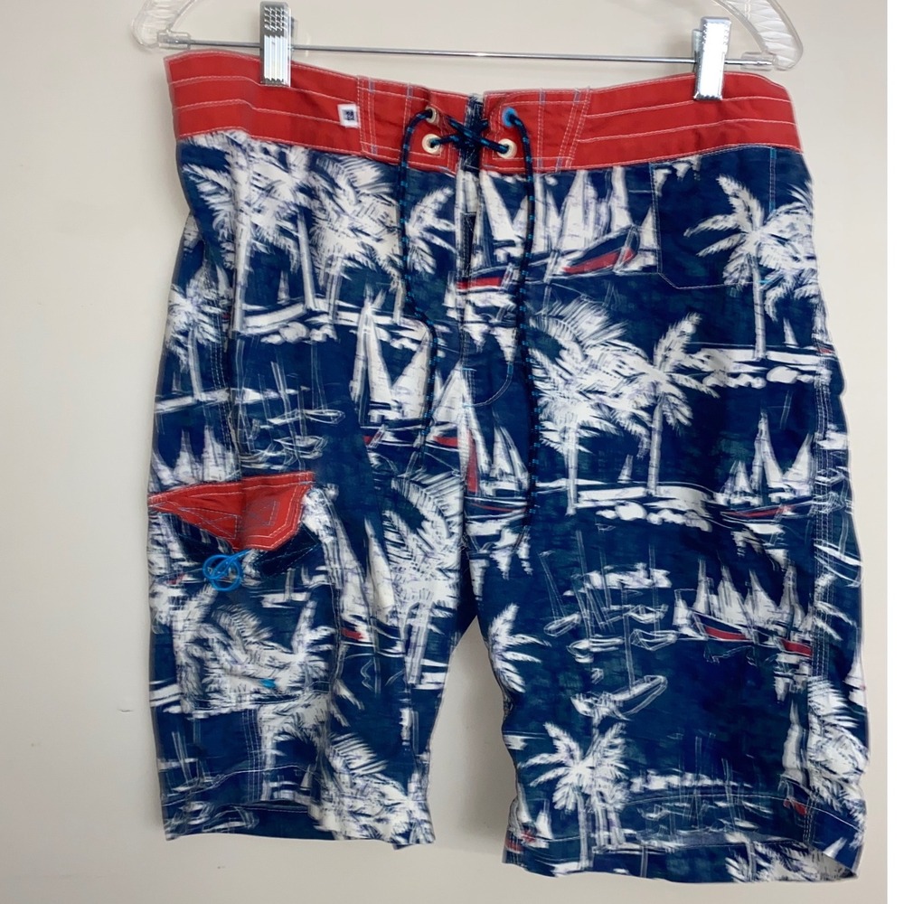 Sperry Board Shorts Mens 32 Blue Red Nautical Sailboat Palm Tree Swim Trunks